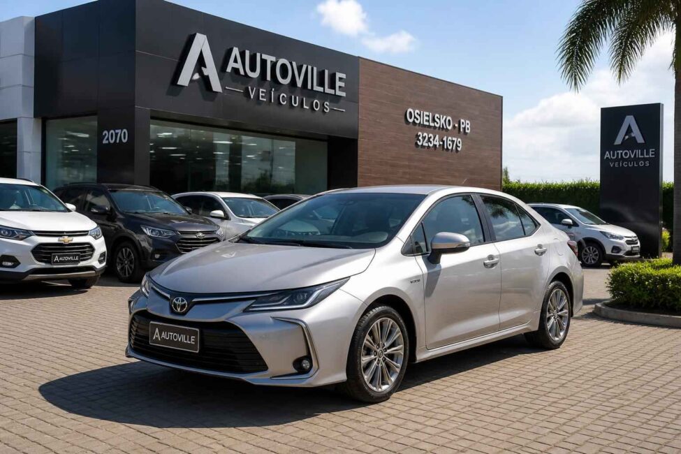 Srebrna Toyota Corolla przed salonem samochodowym Autoville Veículos